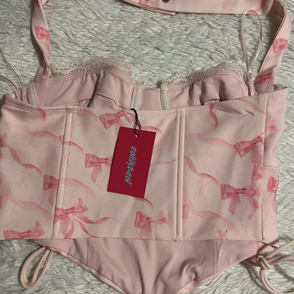 EDIKTED Pink Bow Print Lace Up Halter Corset Style Crop Top Size S - Picture 7 of 13